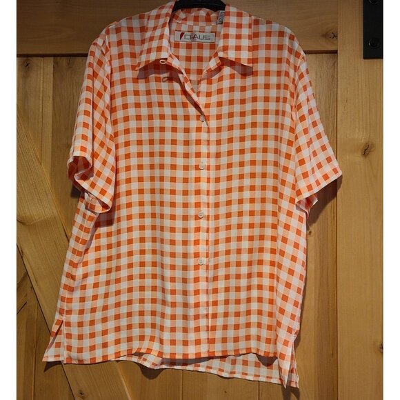Chaus Vintage Womens Plus Size 16 Orange Check Button Short Sleeve Blous - Picture 1 of 12